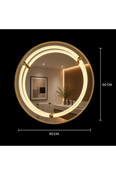 Alessandro DESIGN Oglinda LED WARSA Rotunda, 60cm, Auriu Lucios, Senzor, Lumina 4000K, Sistem Dezaburire, Metal, Functii Ceas si Temperatura