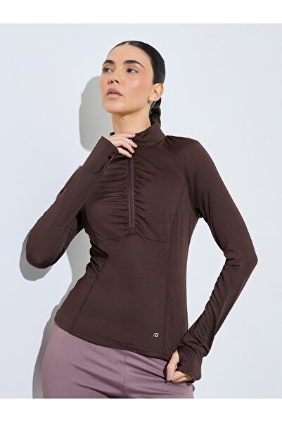 Styli Brown Ruched Details Half Zip Up Thumbhole Top
