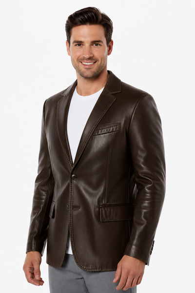 Deriderim Kahverengi Lou Erkek Hakiki Deri Blazer Ceket