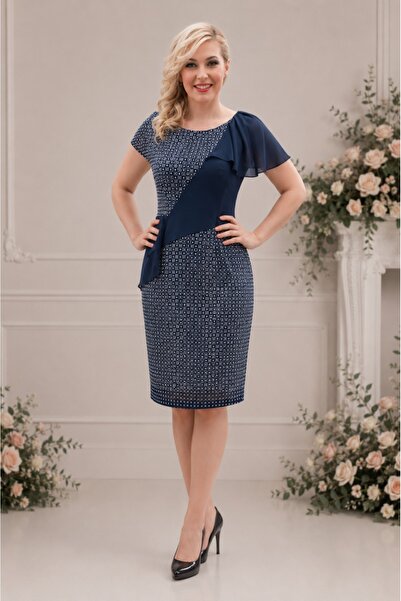OEM Rochie bleumarin cu imprimeu deiosebit cu alb, de lungime medie