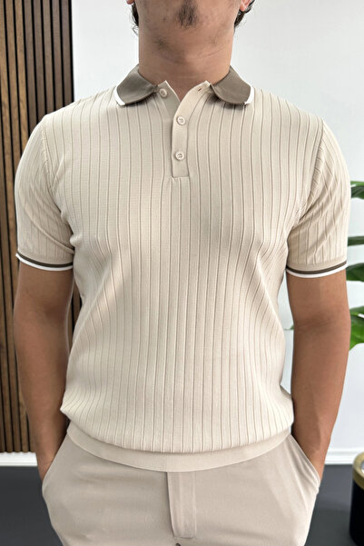 Edwox Men's Striped Detailed Polo Collar T-Shirt Cream Edw497