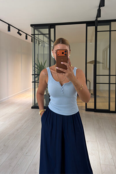 Sezgi Tekin Button Detail Ribbed Baby Blue Basic Blouse