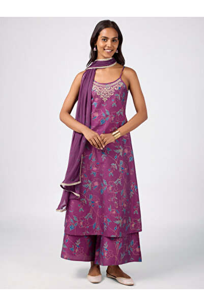 Silver Lime By Styli Purple Printed Strappy Kurta Set Pants and Dupatta Set