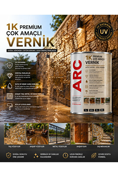 ARCMARİN KİMYA VE DENİZCİLİK HIRDAVAT 1K Çok Amaçlı Vernik -Solvent Bazlı Taş Ahşap Duvar ve Boya üzeri UV Dayanımlı Koruyucu Cam Vernik