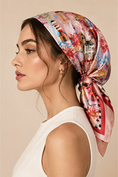 Sehlen Kadın Şehir Kolajı Desenli Saten Fular Bandana 56x56 cm - Somon