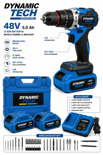 DynamicTech Profesyonel 48V 5.0Ah Kömürsüz Akülü Darbeli Matkap Vidalama 2 Ak...