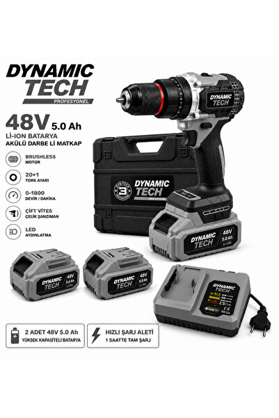 DynamicTech Profesyonel 48V 5.0Ah Kömürsüz Akülü Darbeli Matkap 2 Akü Şarj Cihazı ve Çantalı Set