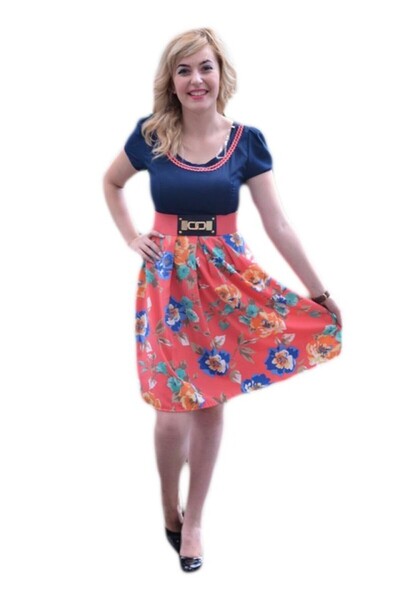 OEM Rochie casual, bleumarin-corai, cu imprimeu floral si insertie de dantela