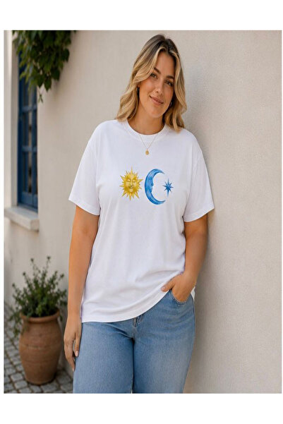 3S MODA اسمك هو تي شيرت Big Size Basic Moon - Sun مطبوع رقميًا