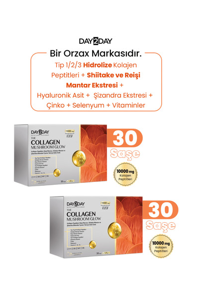 Orzax Day2Day Collagen Mushroom Glow Elma & Çilek Aromalı 30 Saşe 2 Li Paket