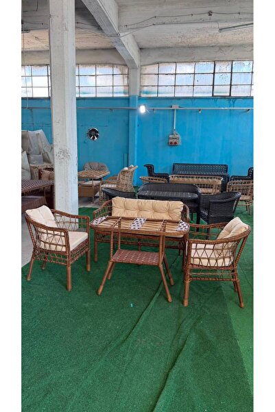 Alle Garden Mini Çay Seti 4 Kişilik Rattan Balkon Takımı Masalı Bahçe Teras V...