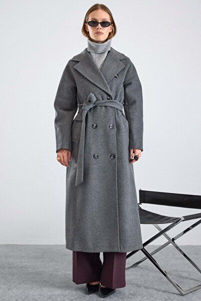 Olcay Knitted and Button Detailed Double-Breasted Premium Coat Dark Gray 3170
