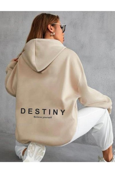 WESTİMO Women's Beige Destiny Printed Hooded Hoodie Sweatshirt