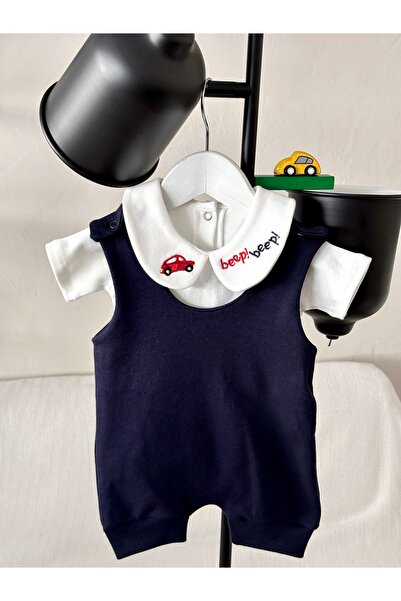Mama Miel Baby Car Embroidered Collar Detailed Bodysuit and Navy Blue Combed ...