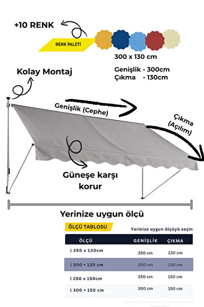 Teleskopik Tente 300x130 cm Geniş Balkon Teras Güneşliği - Matkapsız Kurulum - 2-3 m Ayarlanabilir