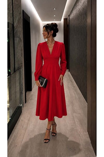 Modafeminen V-Neck Pleated Balloon Sleeve Red Midi Dress 582757