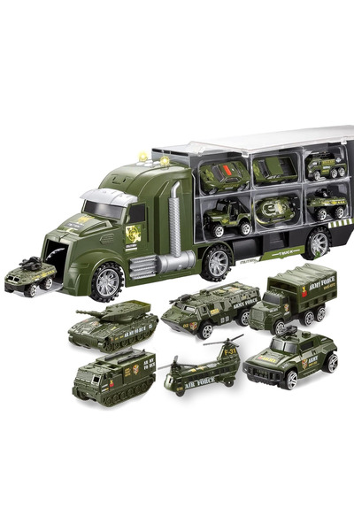 Velaris Set de transport cu remorcă camion de jucărie, serie militară, includ...