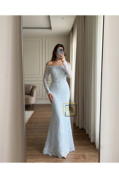 Generic Sky Blue Off Shoulder Evening Dress Lace Sleeves
