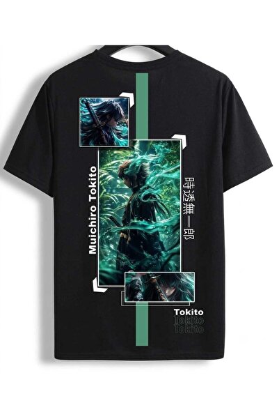 classy moda Tricou unisex negru supradimensionat cu ilustrație anime imprimat...