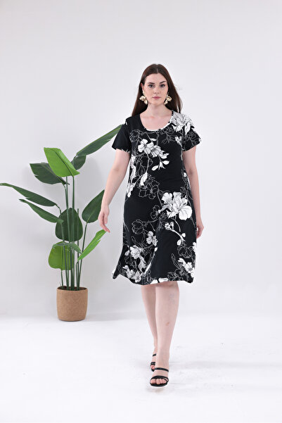 Kadın Siyah Beyaz Floral Desen Büyük Beden Günlük Elbise