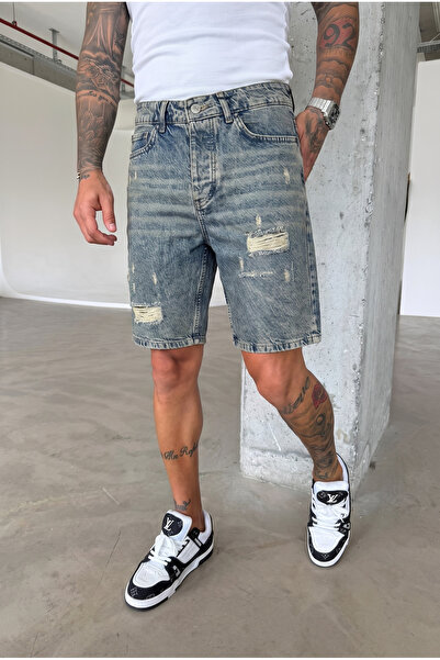 MADZEYMODA Men's Blue Denim Ripped Detailed Washed Jean Shorts Mz-508