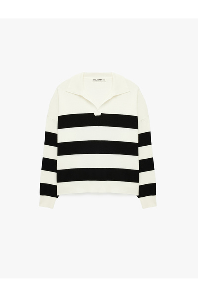 Koton Viscose Blended Long Sleeve Striped Knitwear Polo Collar Sweater