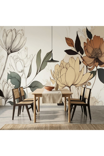 DecorDrive Derin Gri Zemin Üzerinde Dev Şakayık Çiçekleri Duvar Kağıdı