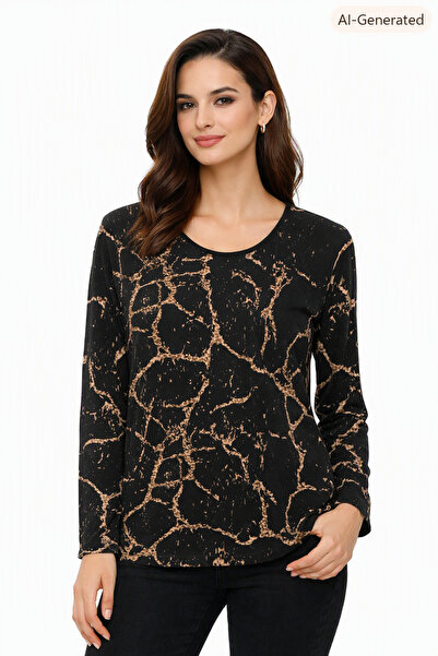 İyisini İstersen Women's Black Beige Marble Patterned Long Sleeve Oval Neck P...