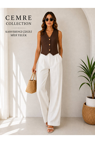 Cemre Collection bezayağı kumaşdan Beyaz çizgili minimal yelek