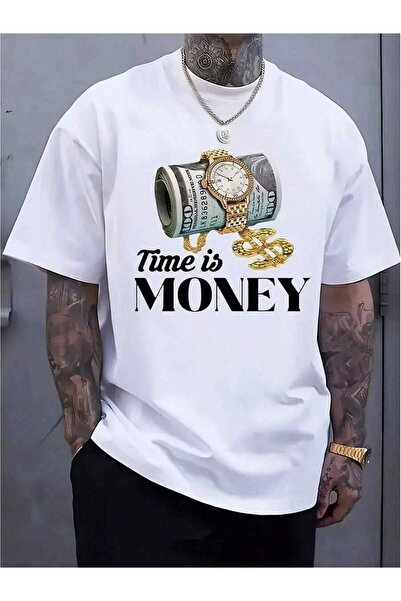 Astogria13 Men's Women's T-Shirt With Watch, Money, And Chain Prints. Time Is...