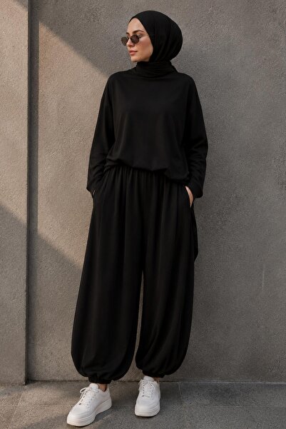 AFVENTE Sare Modal Double Suit with Shalwar Pants Black