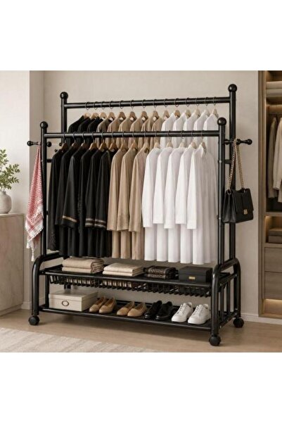 Generic Black Double Clothes Rack with Wheels and Bottom Shelves