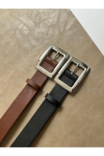 LİA KEMER 2-Pack Women's Square Buckle Silver Belt Waist Belt Coat Belt Dress...