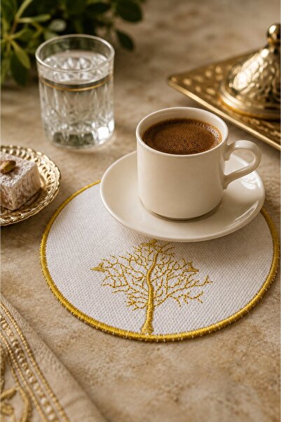 Bonny Home Χρυσό Κεντημένο Σετ 6 Χαρτοπετσέτες Παρουσίασης Καφέ, Χαρτοπετσέτε...