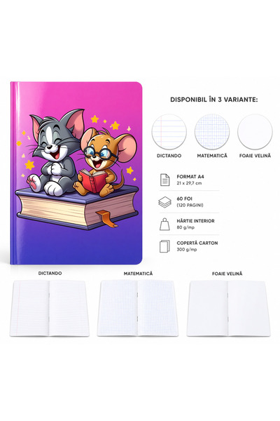 Ingift Caiet A4 Personalizat Tom si Jerry – 60 Foi, foaie Velina