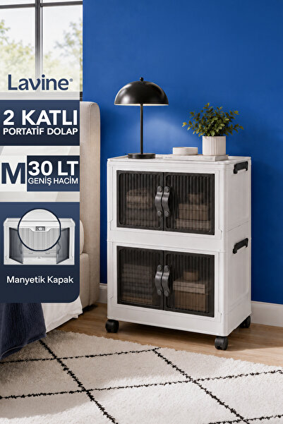 Lavine ”MEDIUM” 2 Katlı Portatif Tekerlekli Organizer Dolap Beyaz 30 LT Mıkna...