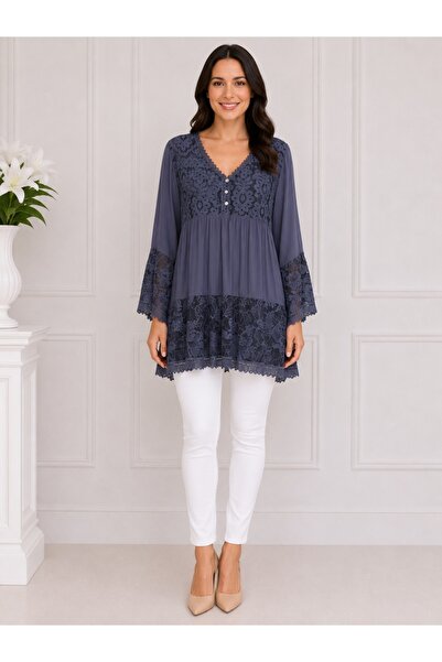 OEM Bluza rafinata Luna cu insertii de dantela ,nuanta de bleumarin