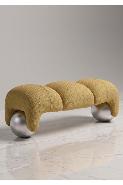 Modern Döşemeli ve Krom Küre Ayaklı Minimalist Bench