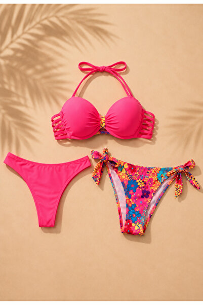Generic Brand Women's 3-piece swimsuit Top Bottom Set , pink bra and 2 pantie...