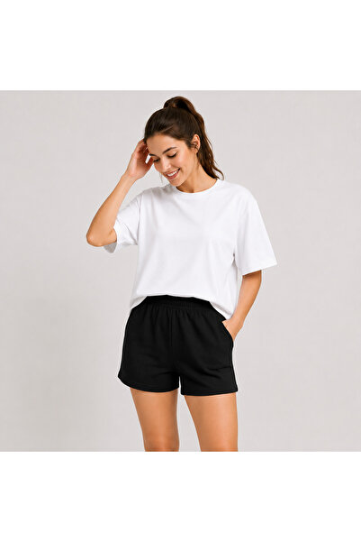 Generic Brand Unisex 100% Cotton Oversize Shorts Set White T-Shirt & Black Sh...