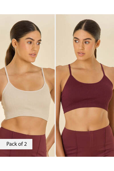 REDTAG Women Ivory And Burgundy Mid Support Active Bras (Pack Of 2)
