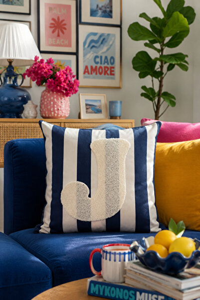 Pilloveland Punch Embroidered Throw Pillow Cover - 43*43 cm - Navy Blue Lette...