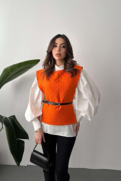 Moda Days طقم قميص برتقالي وسترة نسائية مبطنة بنقشة مزخرفة وأكمام بالونية مزدوجة