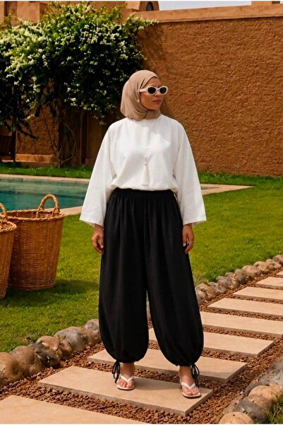 CNG MODA Plus Size Sandy Fabric Lace-Up Black Shalwar Trousers