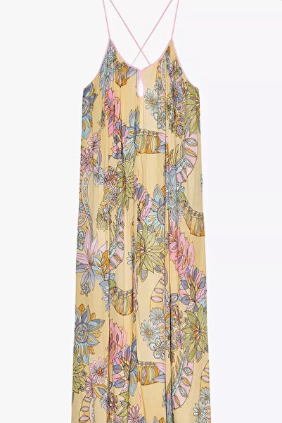 Unique Boutique Floral Patterned Strappy Yellow Long Dress