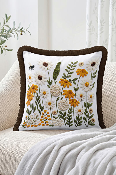 Realhomes Embossed Daisy Flower and Leaf Motif Fringed Throw Pillow Cover - B...
