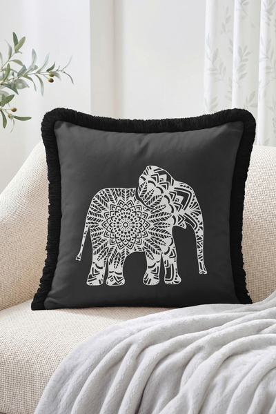Realhomes Mandala Detailed Elephant Figured Fringed Throw Pillow Cover Modern...