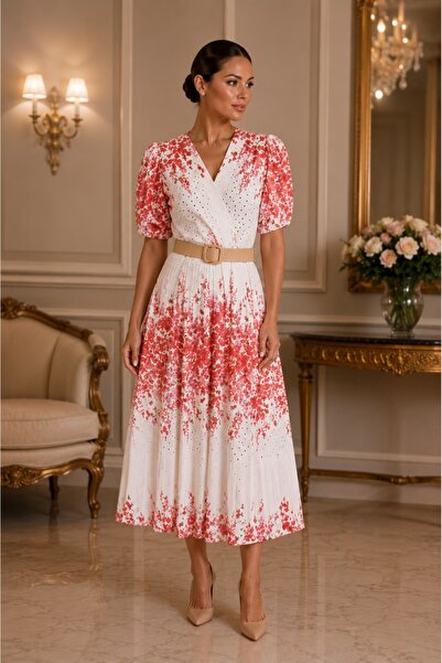 OEM Rochie rafinata Raelynn, nuanta crem-corai cu design floral