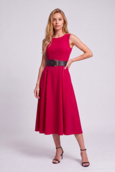 OLSAMODA Women's Midi Length Atlas Fabric Pocketed Flared Dress