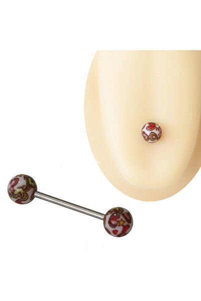 Cadının Dükkanı Dil Piercing Kalp - Yıldız Desenli Renkli Cerrahi Çelik Barbell